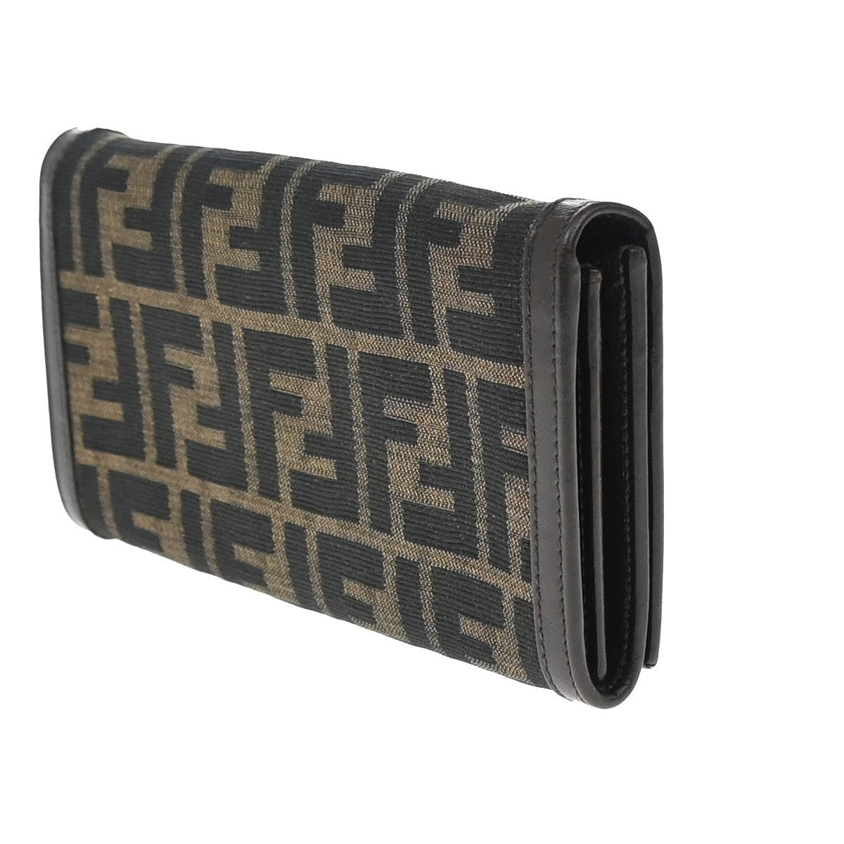 FENDI Logo Zucca Pattern Long Bifold Wallet Canvas Leather Brown 69KP025