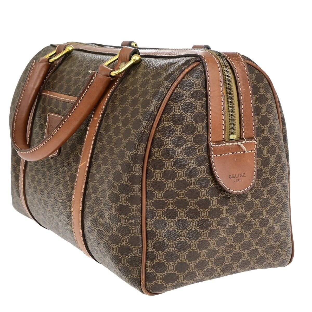CELINE Macadam Pattern Travel Hand Bag PVC Leather Brown Gold Italy 05ED370