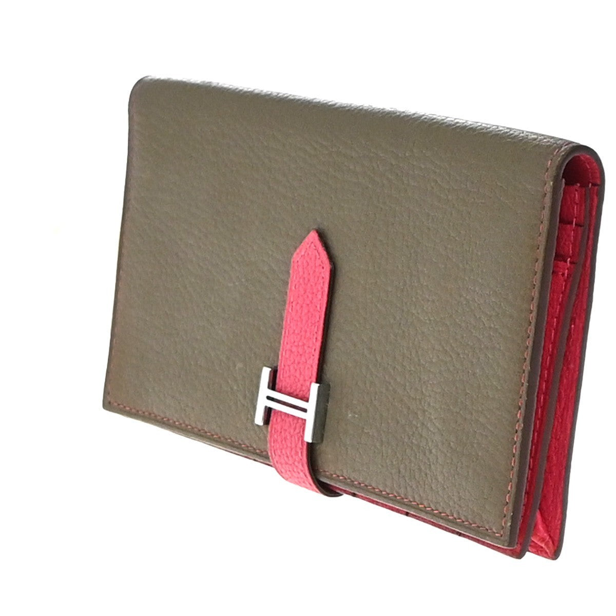 HERMES Bearn Bicolor Long Bifold Wallet Leather Brown Pink 80RP164