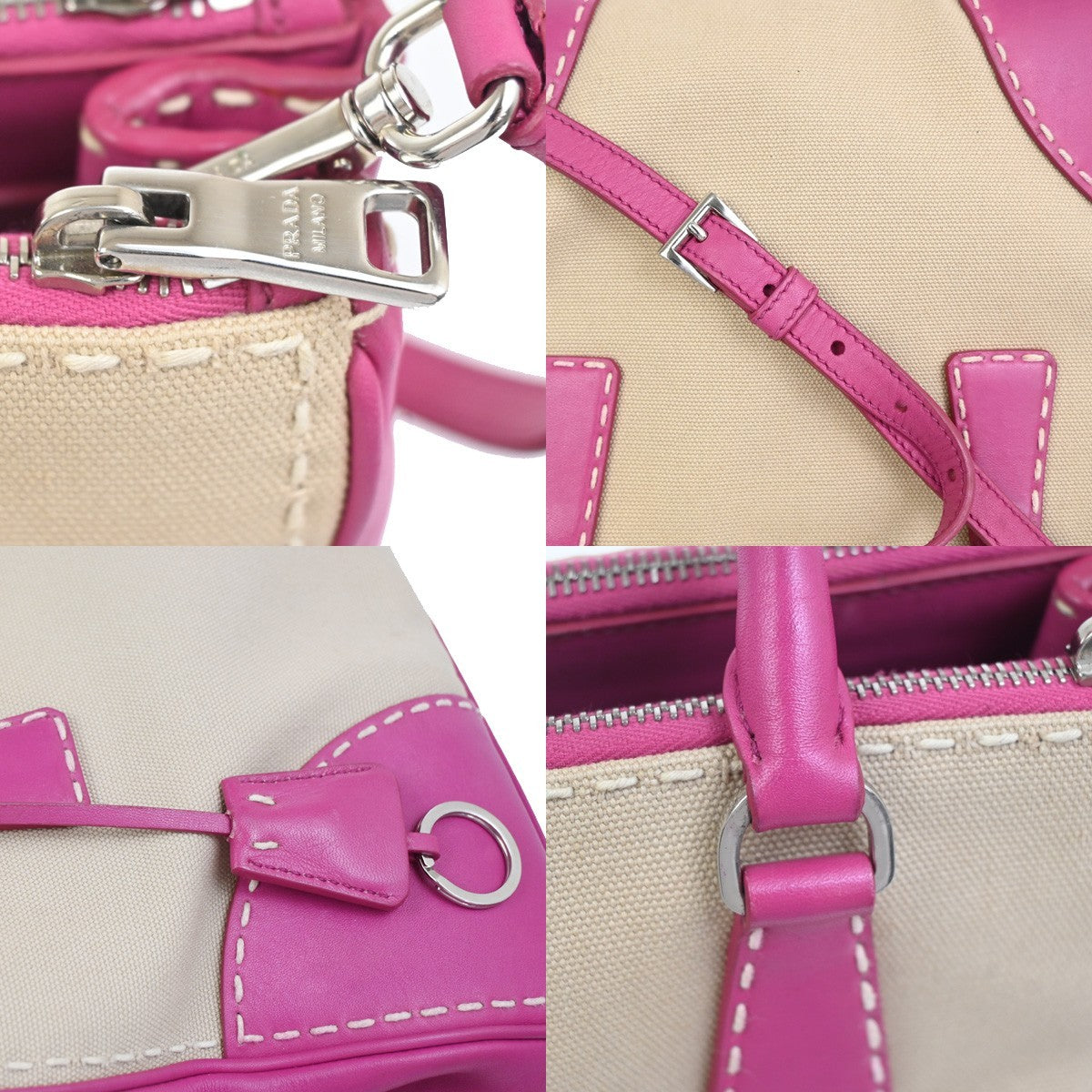 PRADA Logo Canapa City 2Way Shoulder Hand Bag Canvas Leather Pink BE SHW 98ZA359