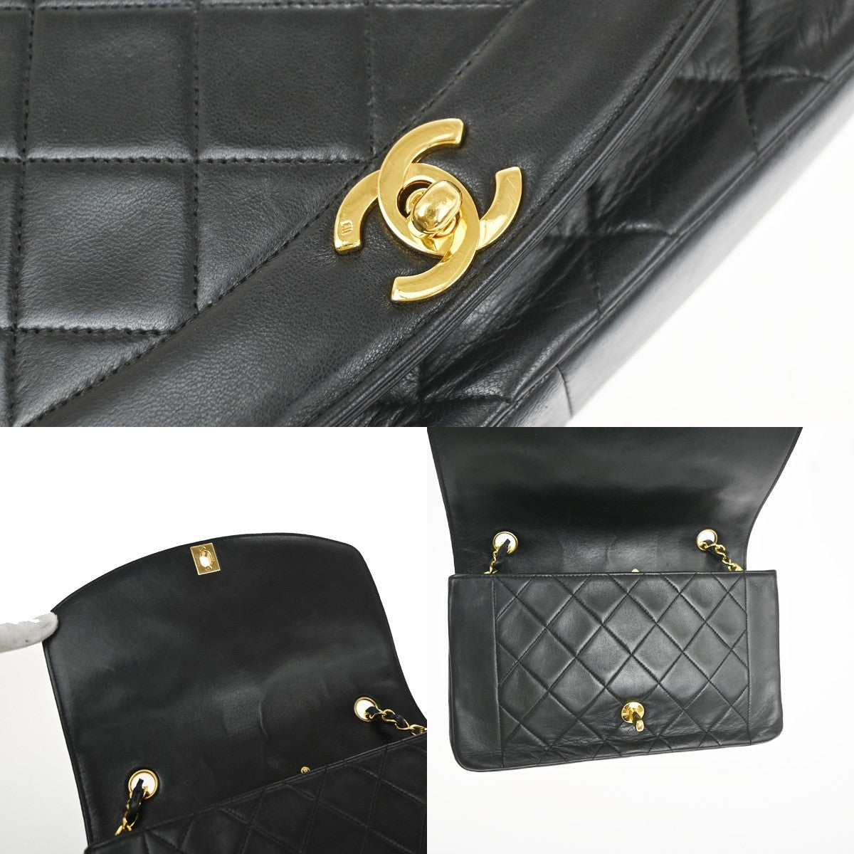 CHANEL CC Diana 25 Matelasse Chain Shoulder Bag Leather Black Vintage 359RL947
