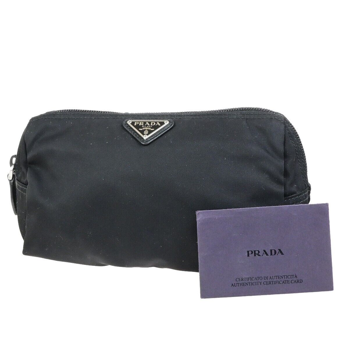 PRADA Logo Tessuto Cosmetic Pouch Nylon Leather Black Silver 32KA464
