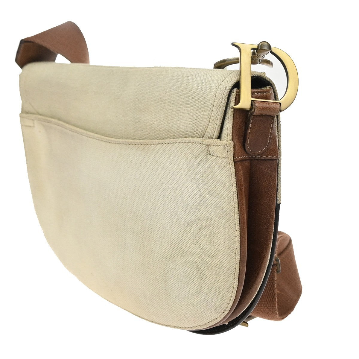 CHRISTIAN DIOR CD Logo Saddle Shoulder Bag Canvas Leather Beige GHW 50CA986