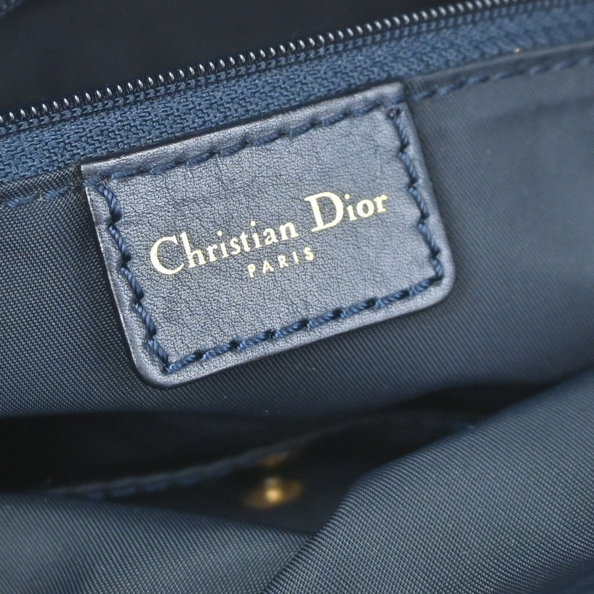 CHRISTIAN DIOR Logo Trotter Pattern Hand Bag Canvas Leather Navy Blue 93YH969