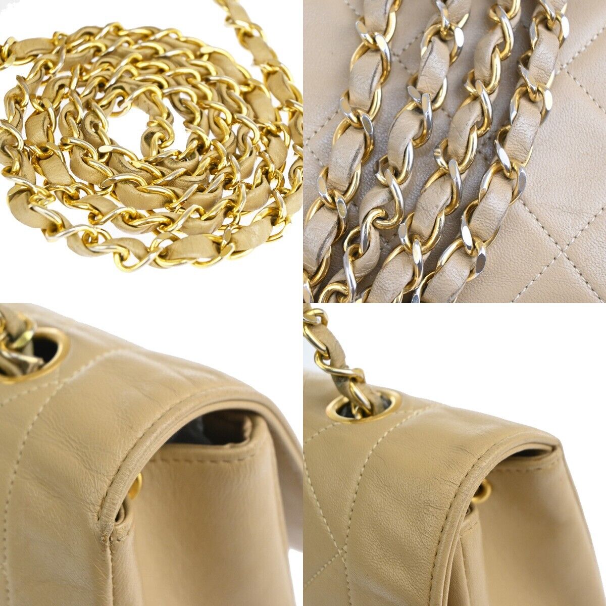CHANEL CC Logo Matelasse Chain Shoulder Bag Leather Beige GHW Vintage 318RJ477