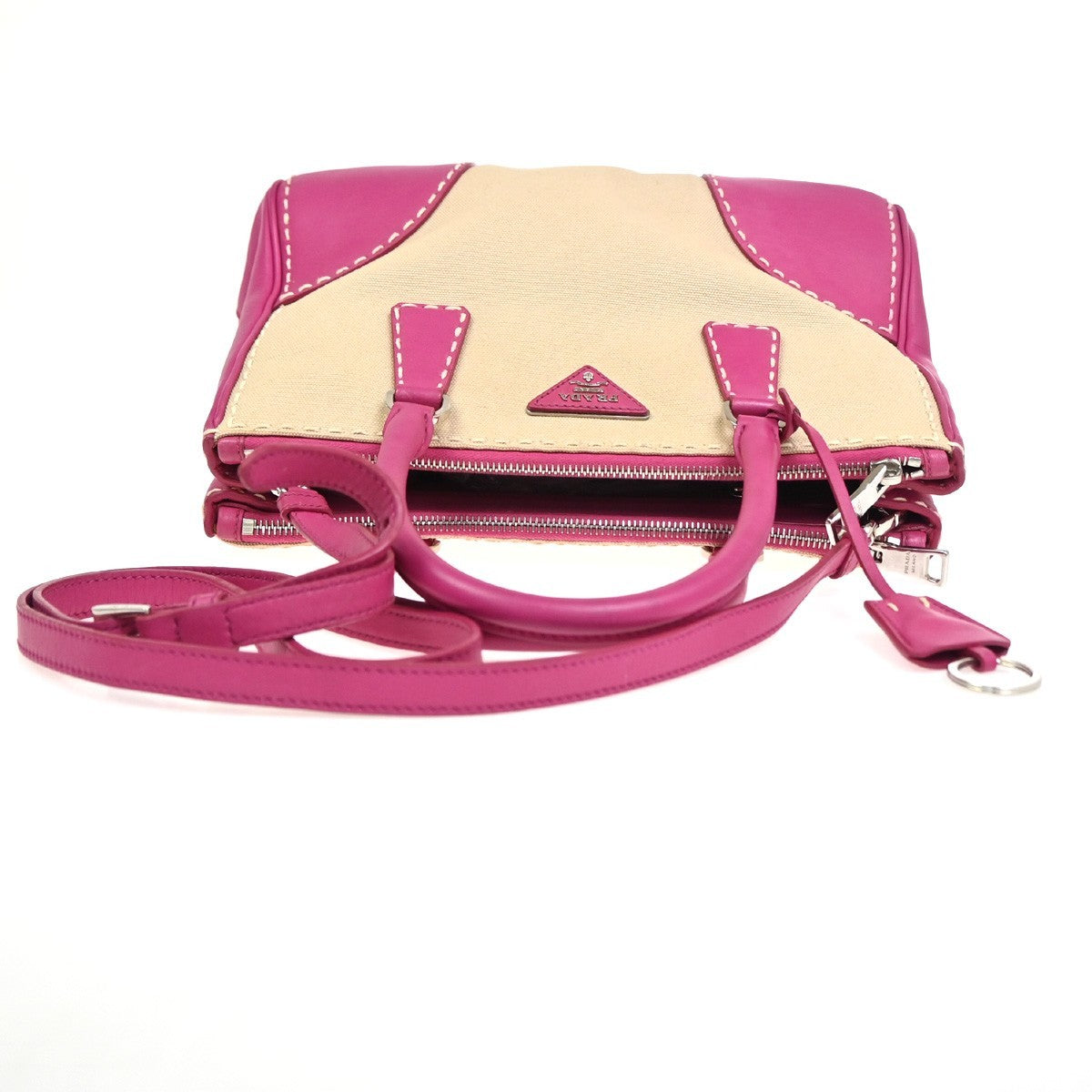 PRADA Logo Canapa City 2Way Shoulder Hand Bag Canvas Leather Pink BE SHW 98ZA359