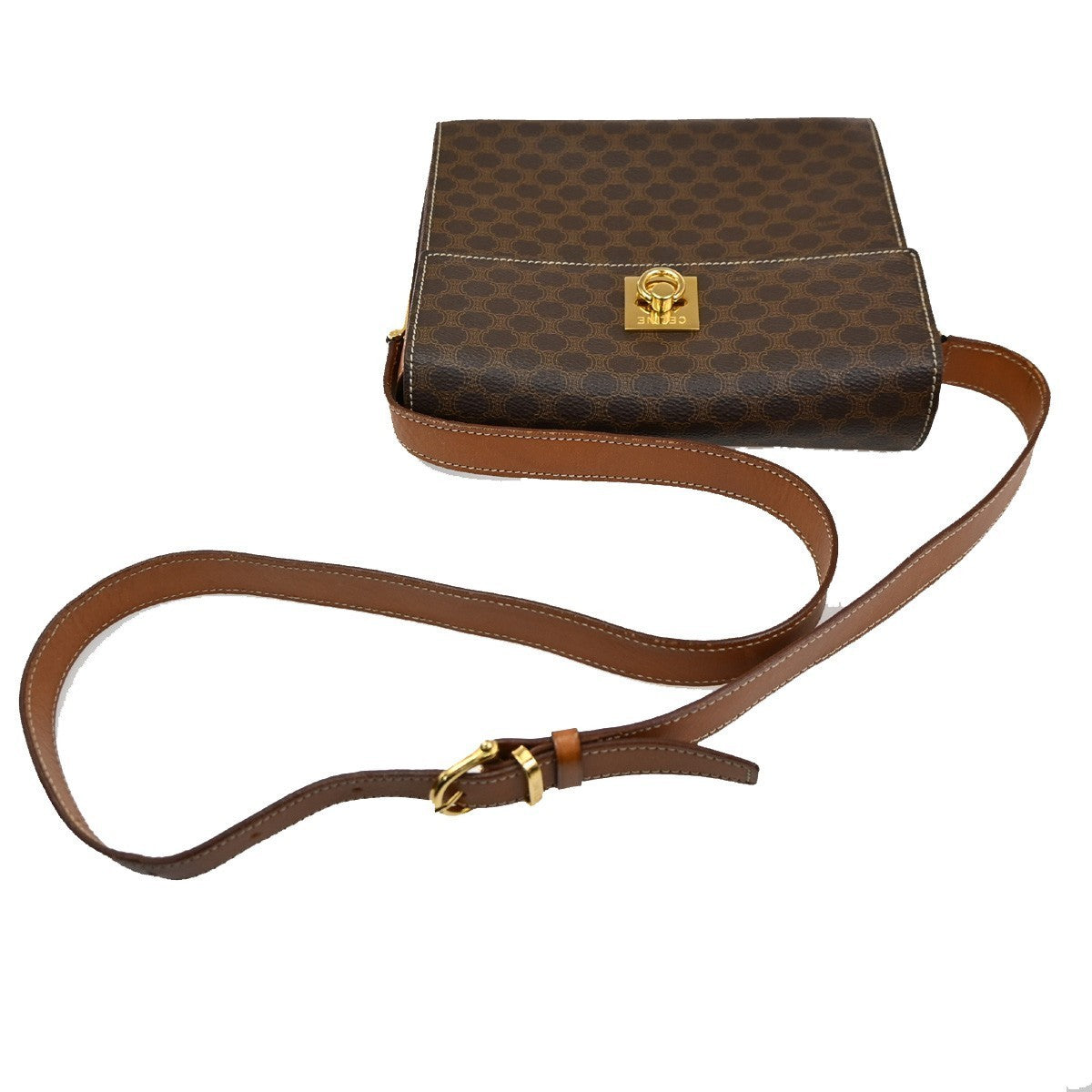 CELINE Macadam pattern Shoulder Bag PVC Leather Brown GHW 38TA402