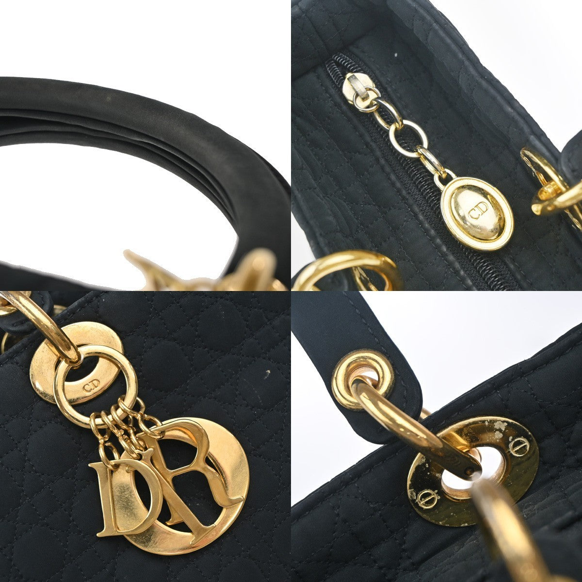 CHRISTIAN DIOR Logo Lady Cannage Hand Bag Nylon Leather Black GHW Italy 70EG292