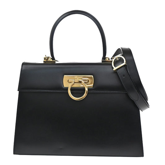 SALVATORE FERRAGAMO Logo Gancini 2WAY Hand Bag Leather Black GHW Italy 77RL504