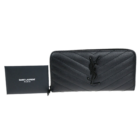 SAINT LAURENT YSL Logo Lou Long Bifold Zipper Wallet Leather Black Italy 80YG498
