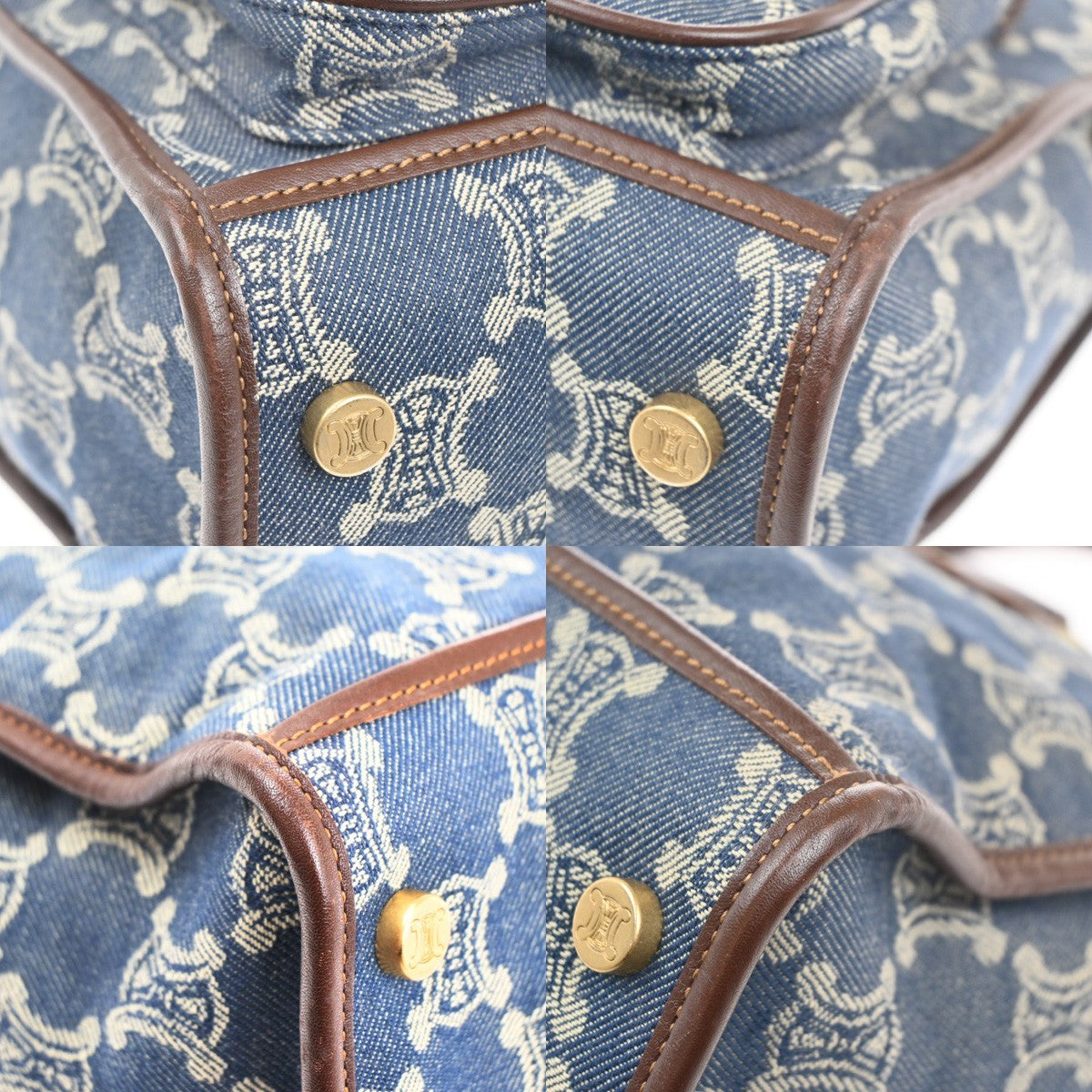 CELINE Logo Macadam Pattern Shoulder Bag Denim Leather Blue Brown GHW 83KP551