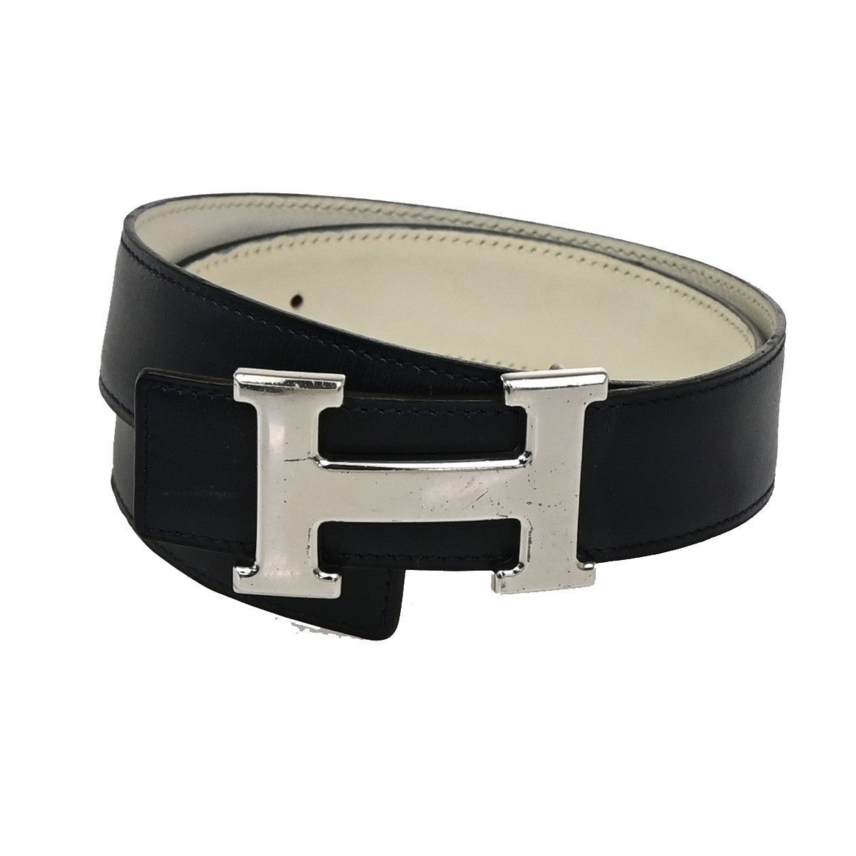 HERMES H Logo Constance Reversible Buckle Belt Leather #65 Blue White 70RL780