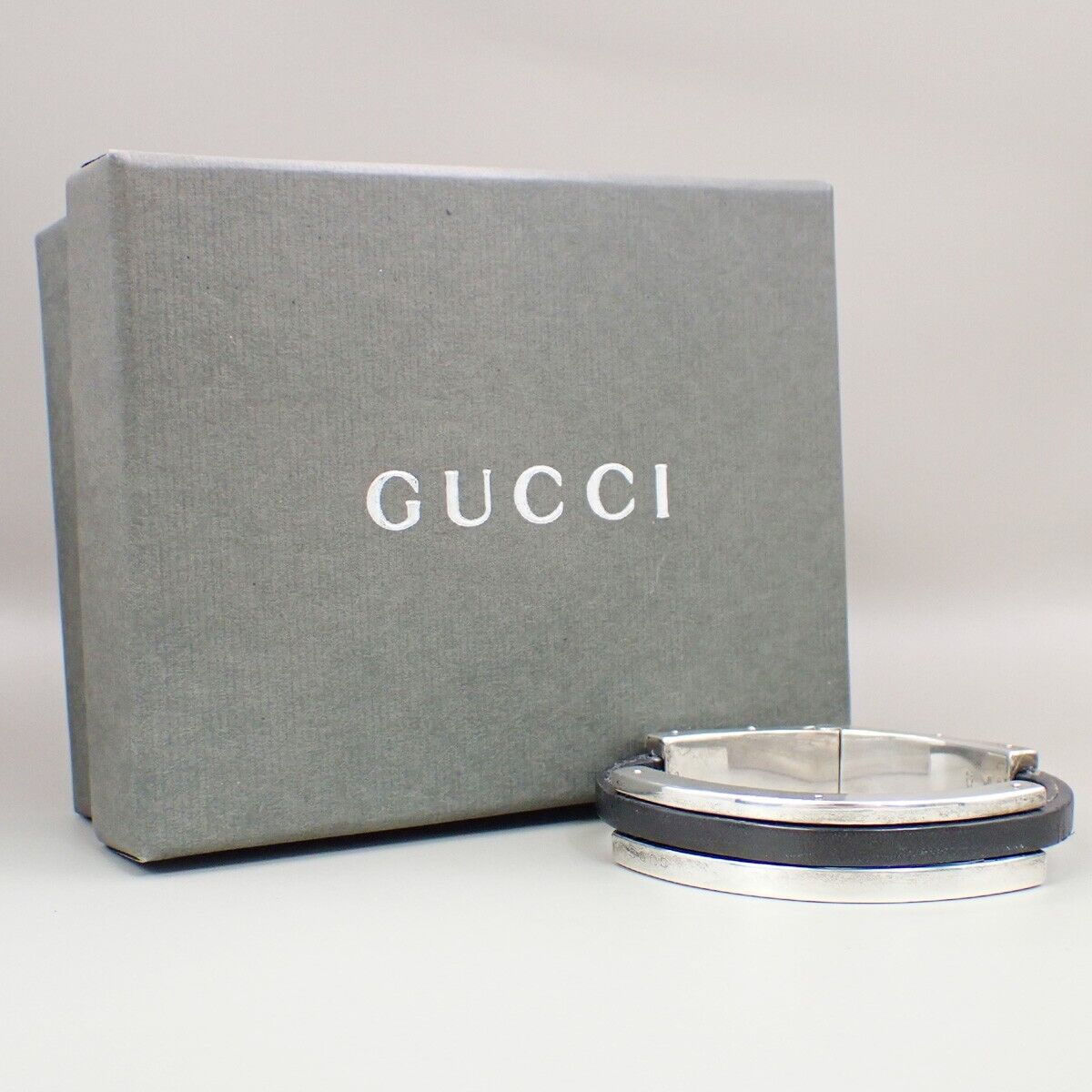 GUCCI Logo Bangle Bracelet Silver 925 Leather SHW Black Italy Accessory 01EB465