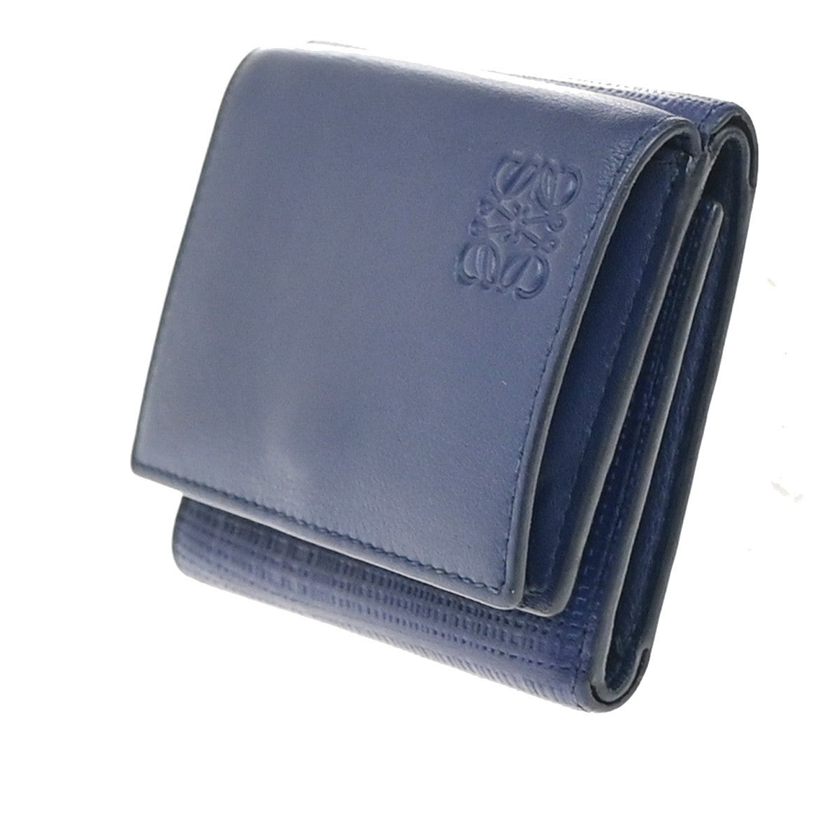 LOEWE Logo Trifold Compact Wallet Leather Navy Blue Made In Spain 68KP026
