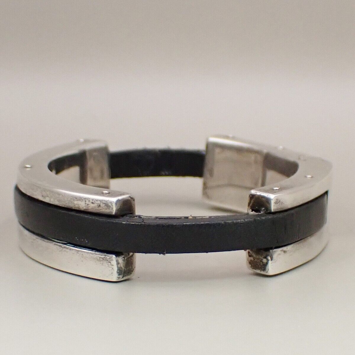 GUCCI Logo Bangle Bracelet Silver 925 Leather SHW Black Italy Accessory 01EB465
