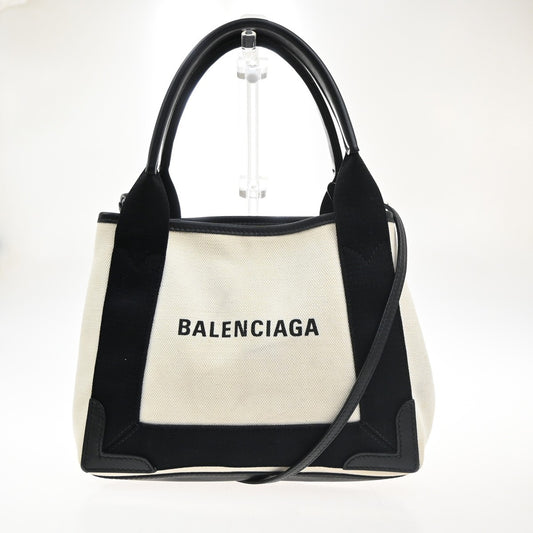 BALENCIAGA Navy Cabas XS 2Way Shoulder Hand Bag Canvas Leather White 39KP327