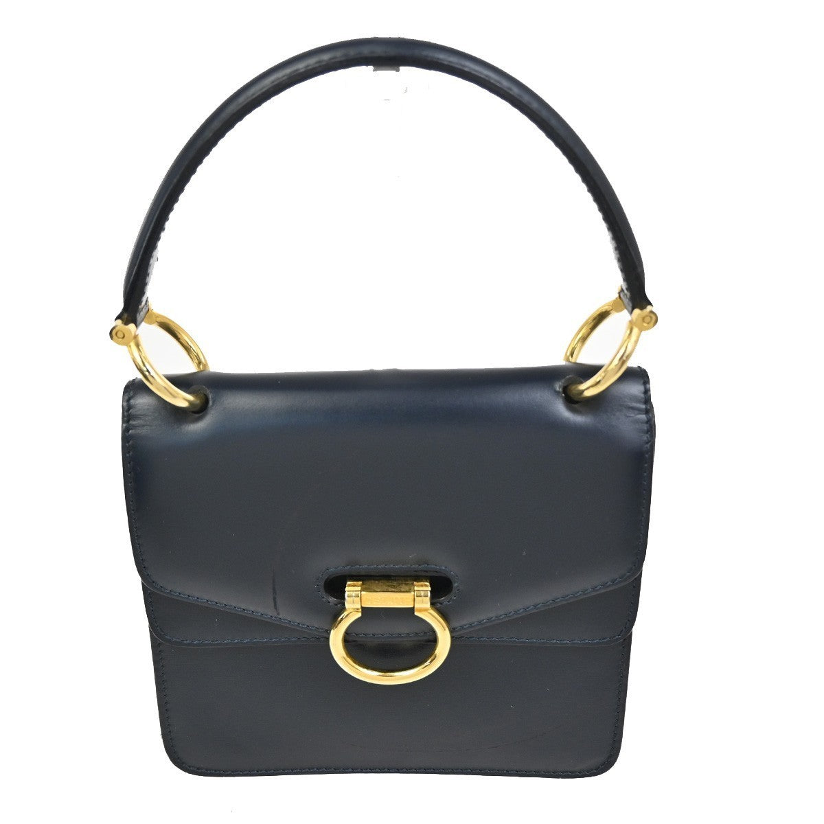 CELINE Logo Gancini Top Handle Hand Bag Leather Navy Blue Gold Italy 38TA361