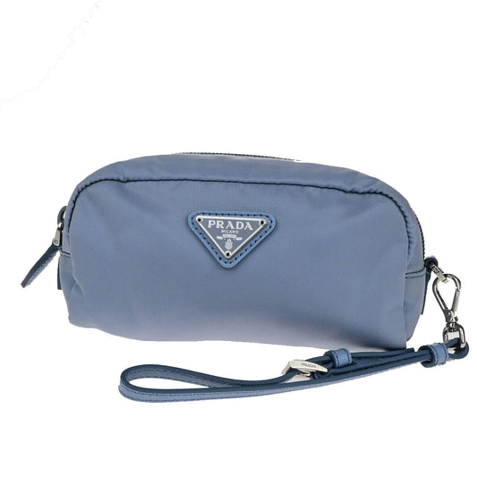 PRADA Logo Tessuto Cosmetic Mini Pouch Nylon Leather Blue SHW Italy 66YG675