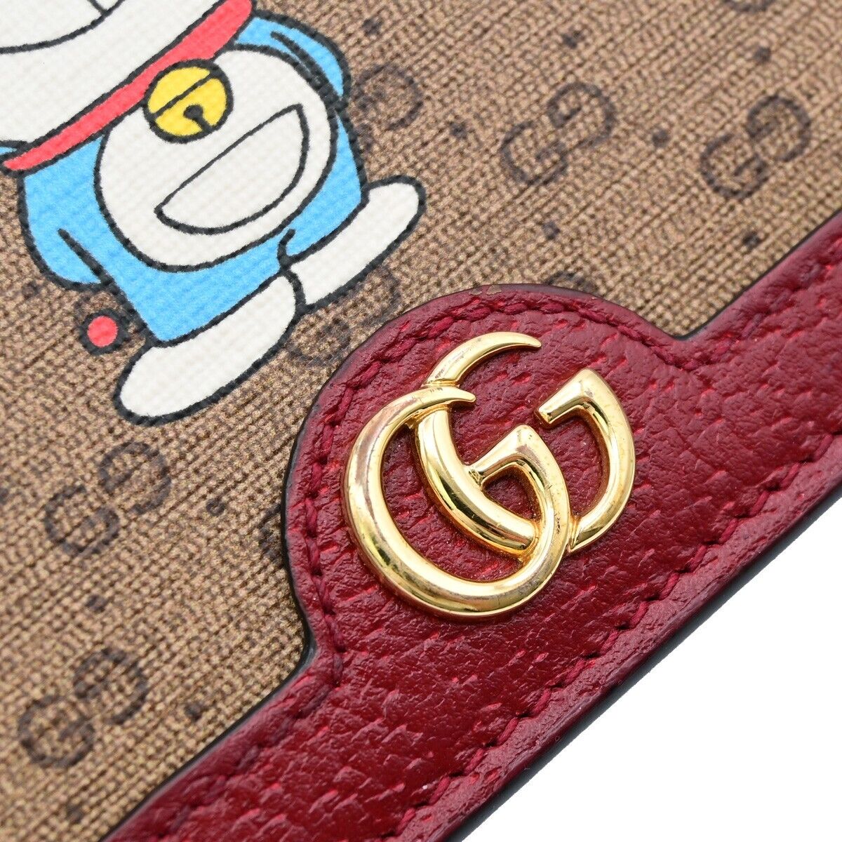GUCCI Logo GG Pattern Doraemon Bifold Wallet Purse Supreme Leather Brown 34HB941