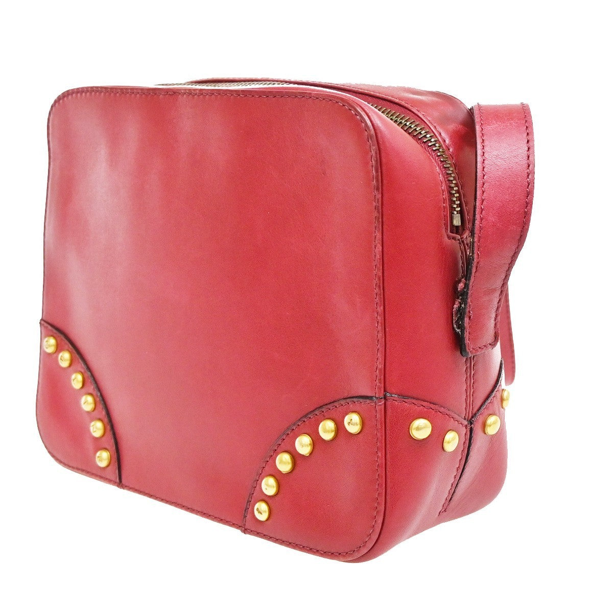 CELINE PARIS Logo Circle Studs Shoulder Bag Leather Red Gold Italy 62KP173