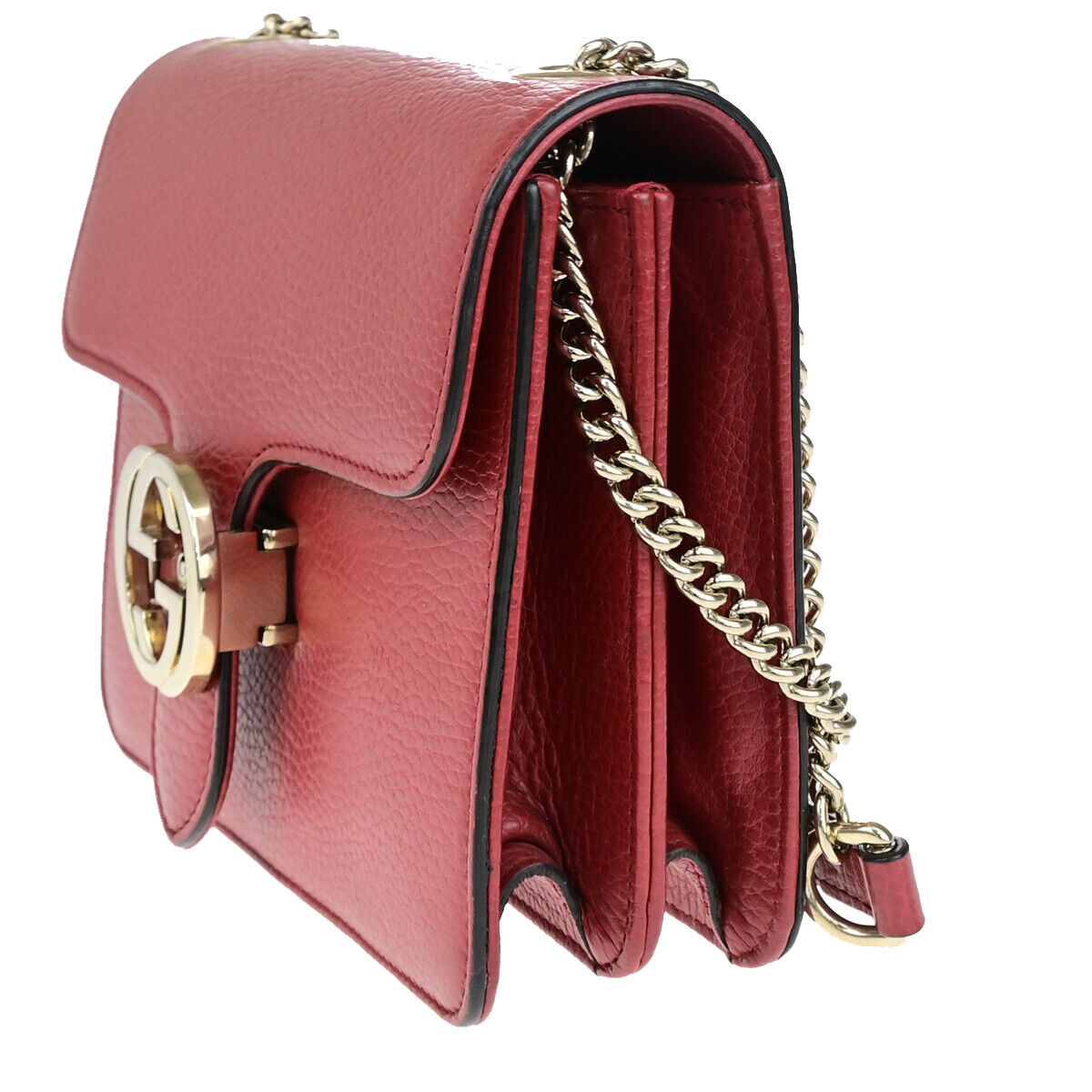GUCCI Logo Interlocking G Chain Mini Shoulder Bag Leather Red GHW Italy 52YG617