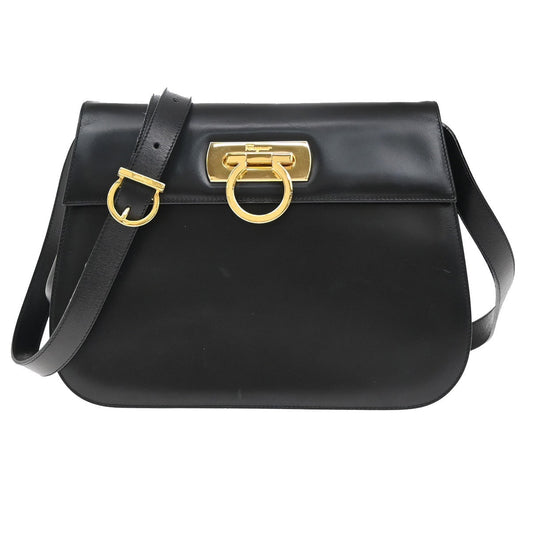 SALVATORE FERRAGAMO Logo Gancini Shoulder Hand Bag Leather Black 80EF729