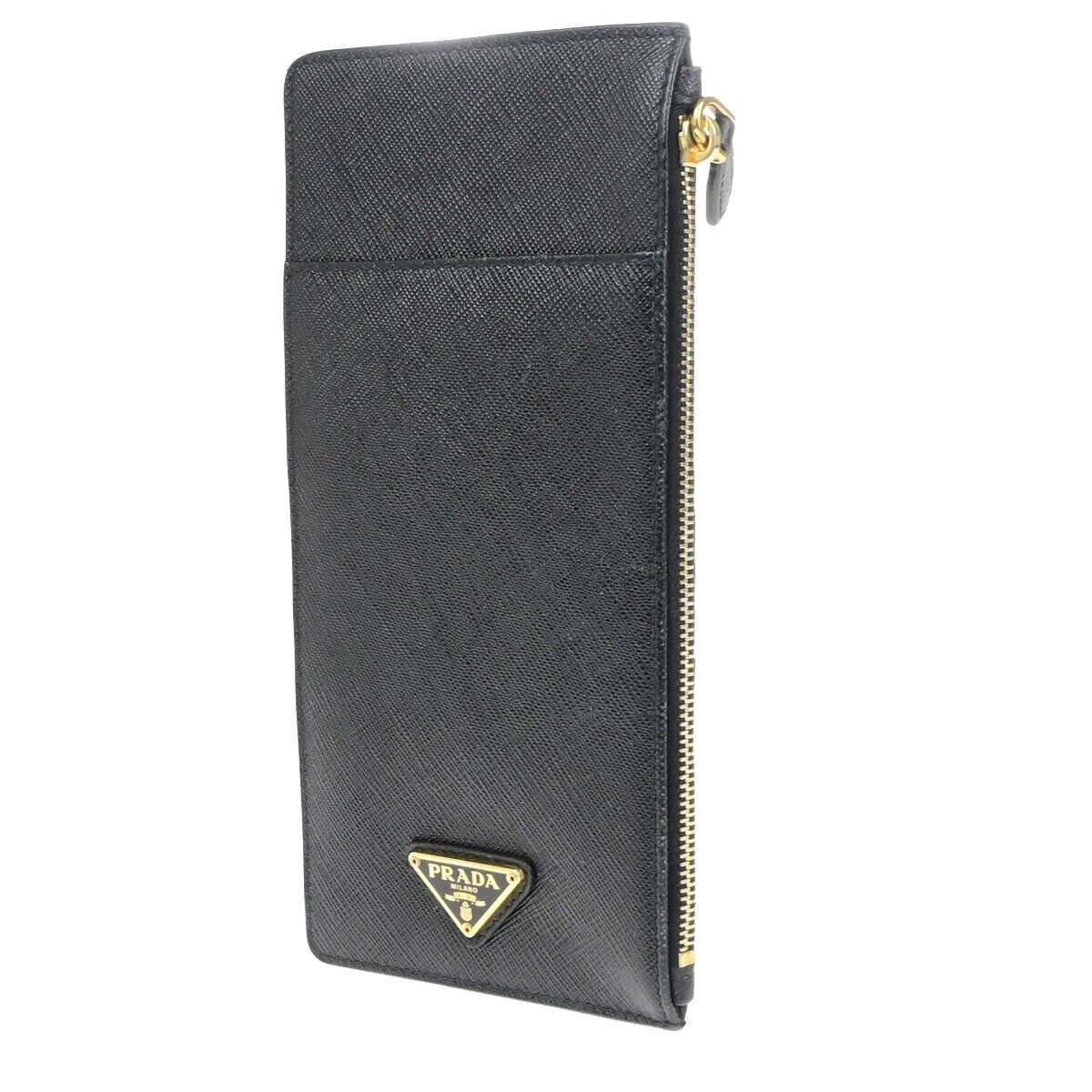 PRADA Logo Saffiano Card Holde Long Wallet Leather Black Gold Italy 65SJ628