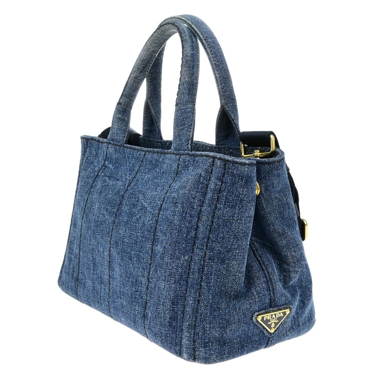 PRADA Milano Logo CANAPA 2Way Shoulder Hand Bag Denim Leather Blue GHW 85EE041