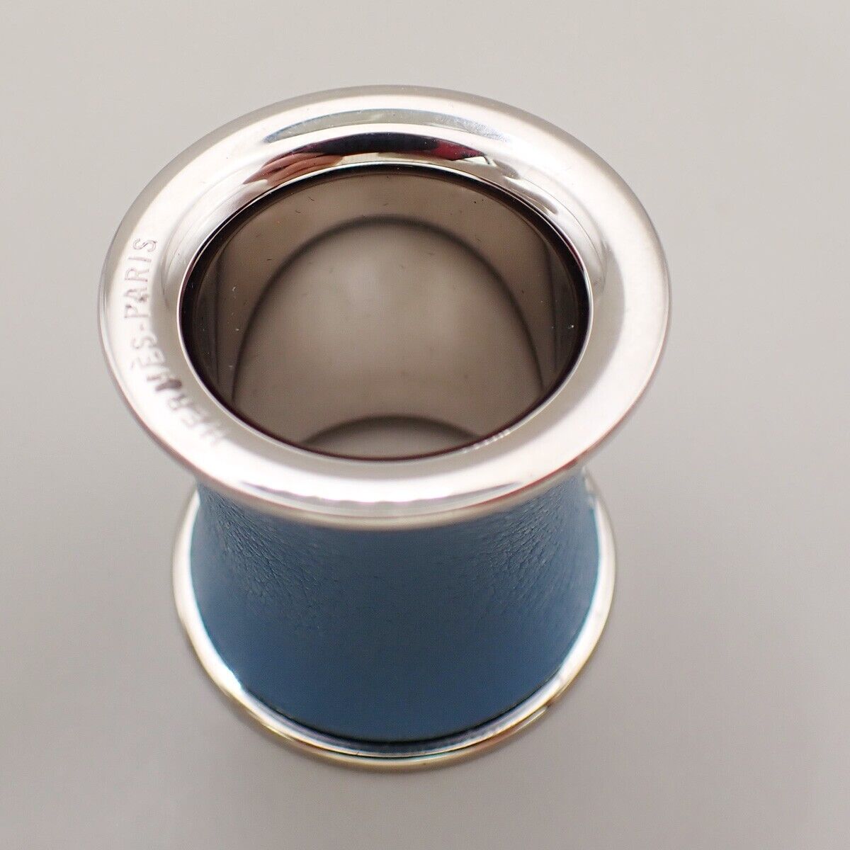 HERMES Logo Scarf Ring Leather Silver Blue Accessory 04KA476