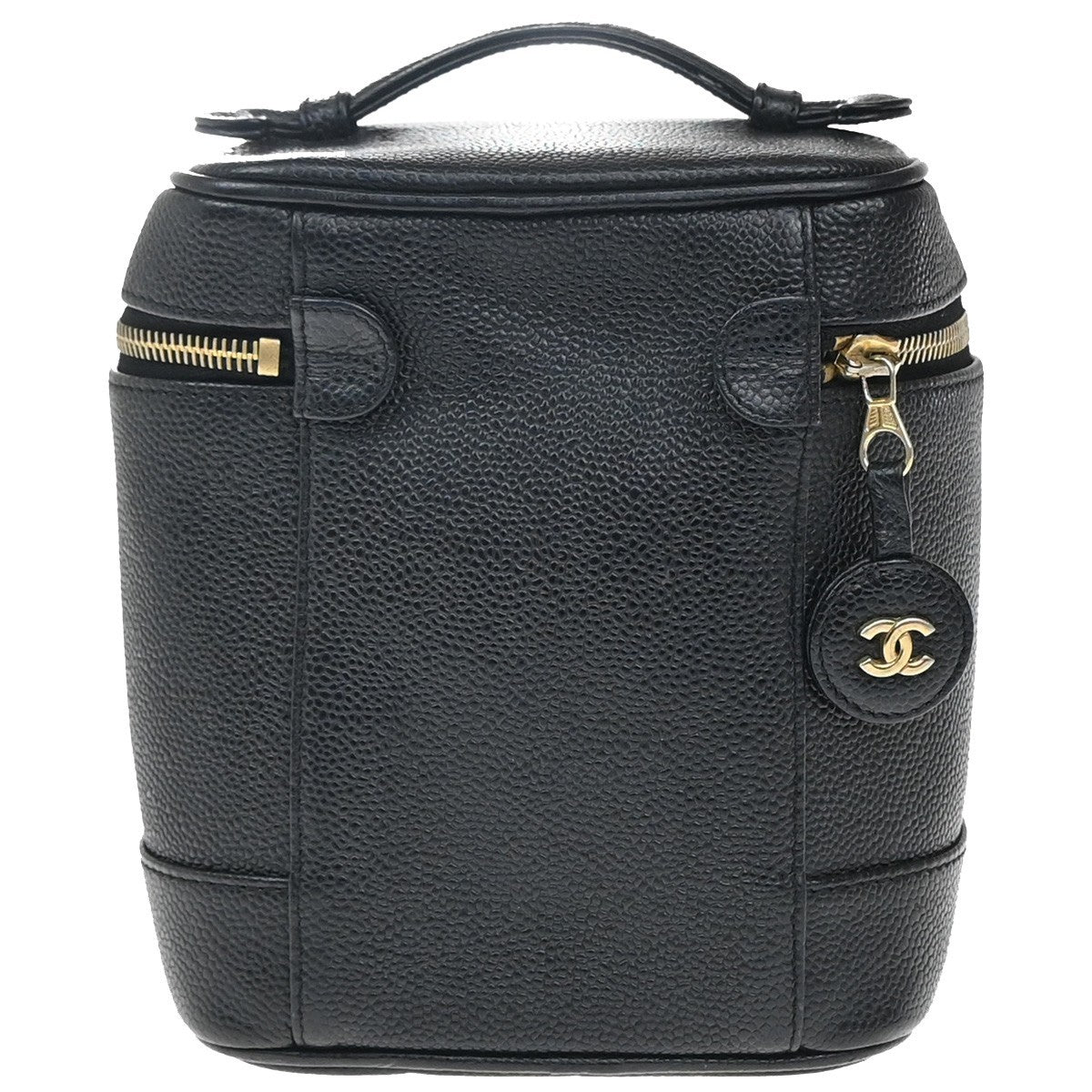CHANEL CC Logo Vanity Hand Bag Grained Calfskin Leather Black Vintage 14RF886