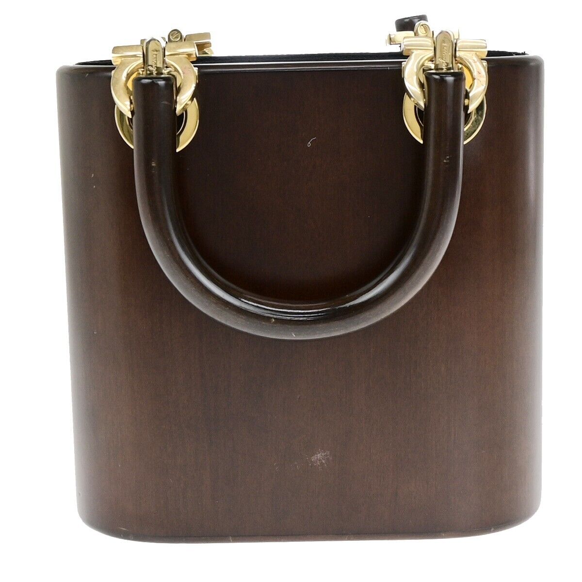 SALVATORE FERRAGAMO Logo Gancini Bucket Hand Bag Wood Leather Brown GHW 91EC722