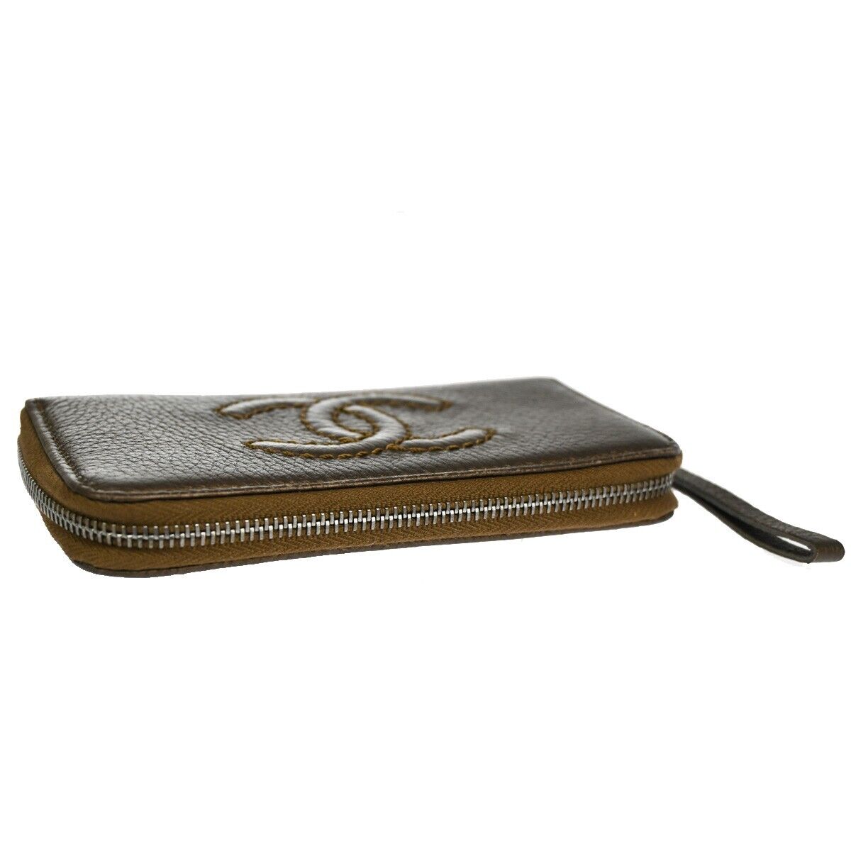 CHANEL CC Logo Luxury Line Bifold Wallet Coin Purse Leather Brown SHW 32YD864