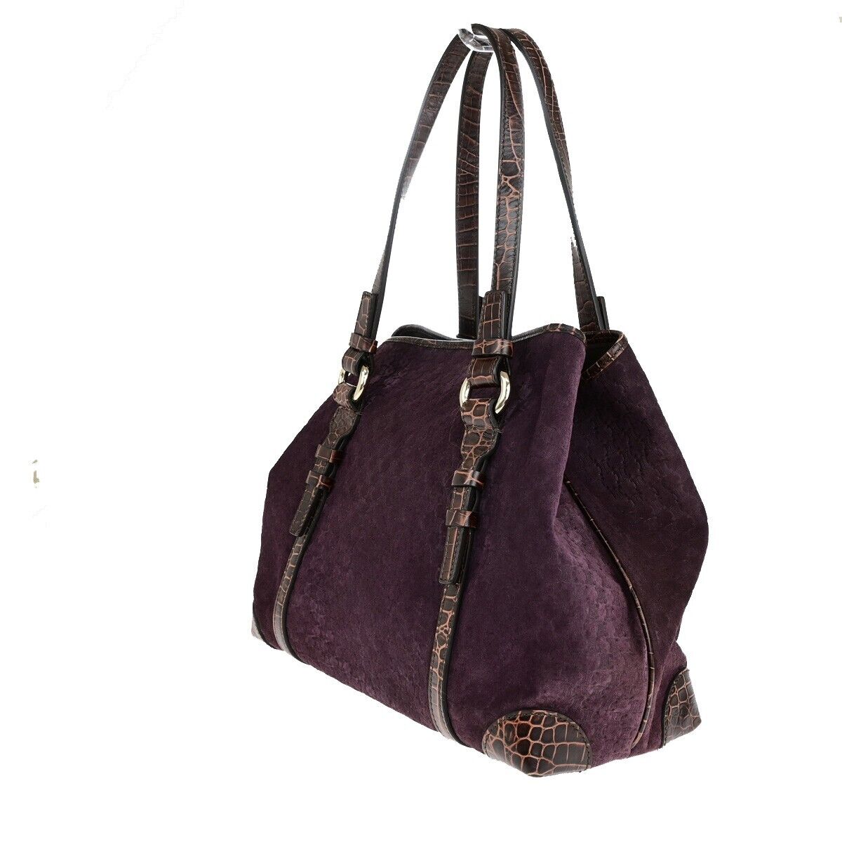 CELINE Logo Macadam Shoulder Tote Bag Suede Embossed Leather Purple SHW 34EC964