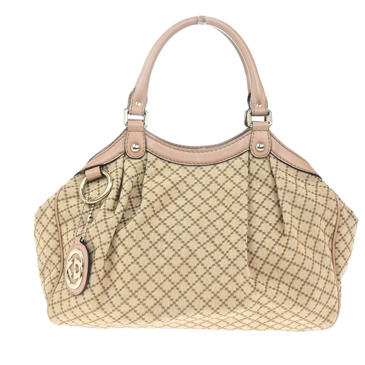 GUCCI GG Logo Diamante Sukey Shoulder Hand Bag Canvas Leather Beige Pink 74KC440