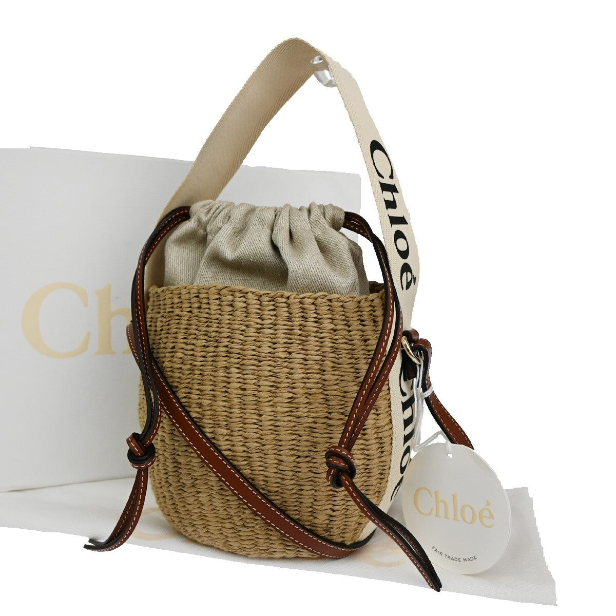 CHLOE Woody Small Basket Shoulder Hand Bag 2Way Canvas Leather Paper BN 93RH257