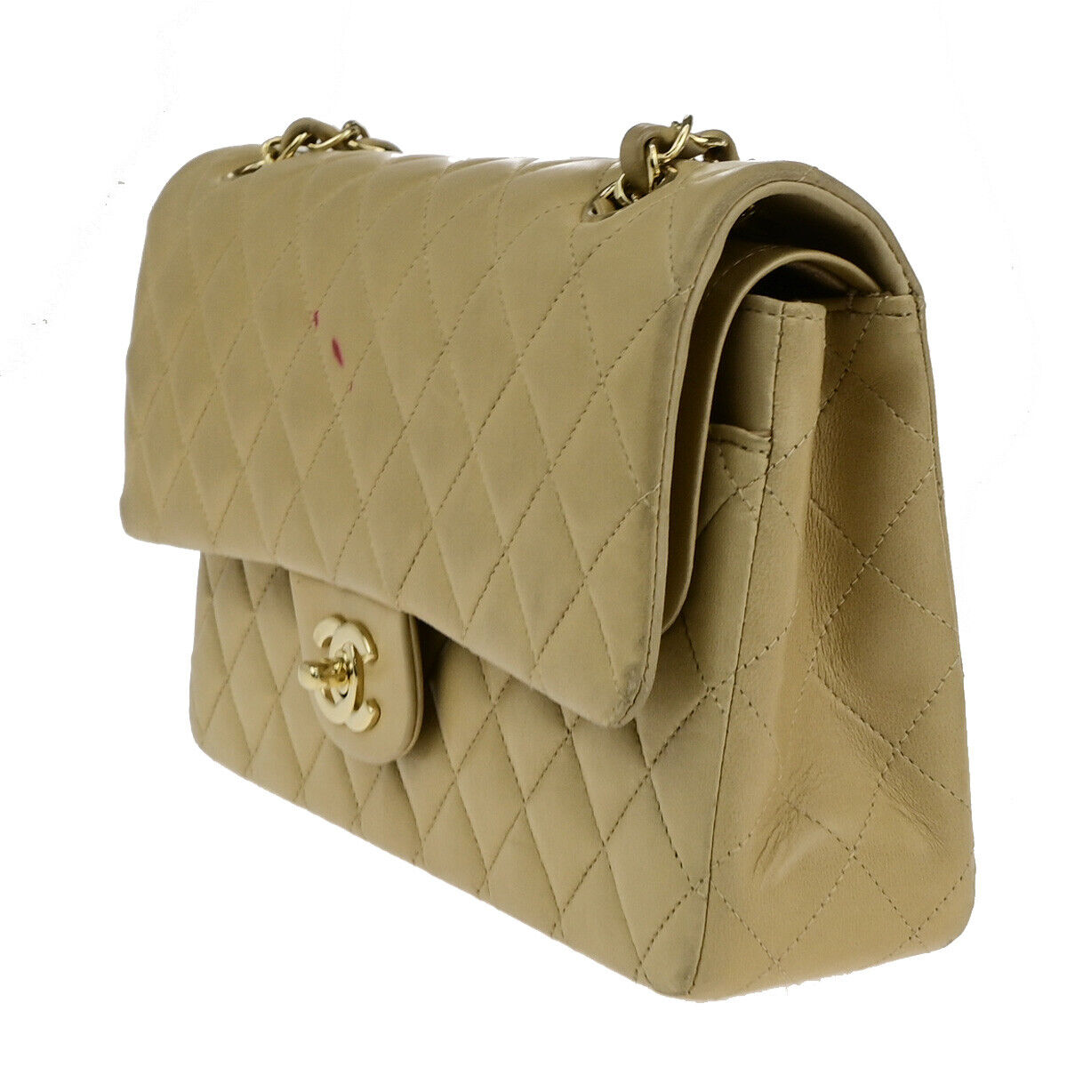 CHANEL CC Matelasse 25 Double Flap Chain Shoulder Bag Leather Beige GHW 652RK742