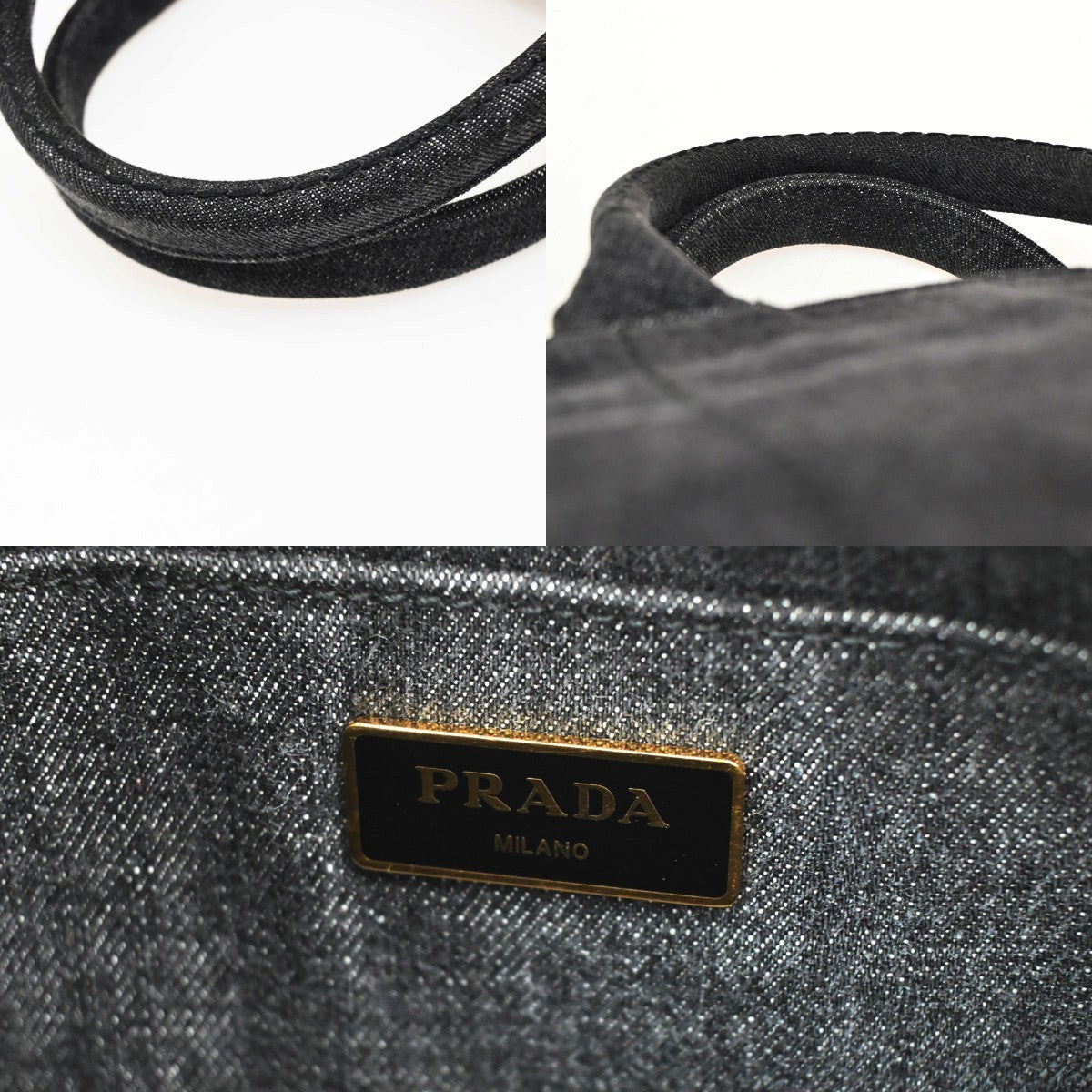 PRADA Milano Logo CANAPA Tote Hand Bag Denim Leather Black Gold Italy 73KC194