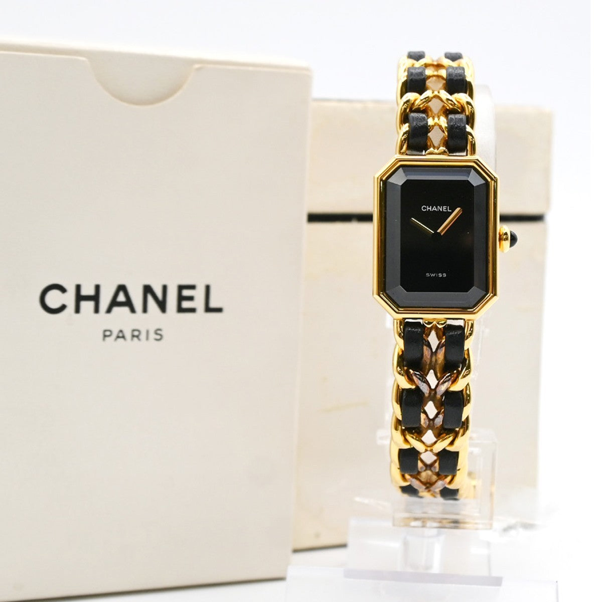 CHANEL Logo Premiere Watch M Size Quartz Gold Plated Leather Swiss Made 620LC637