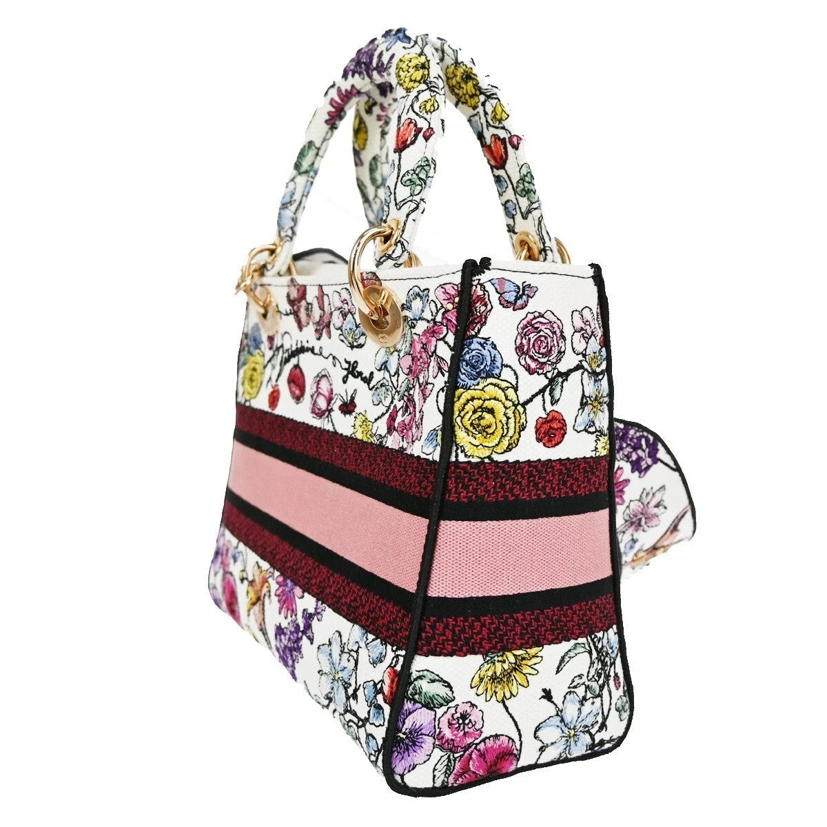 48CHRISTIAN DIOR Lady D-Lite Florilegio Embroidery 2Way Hand Bag Canvas 782LC456