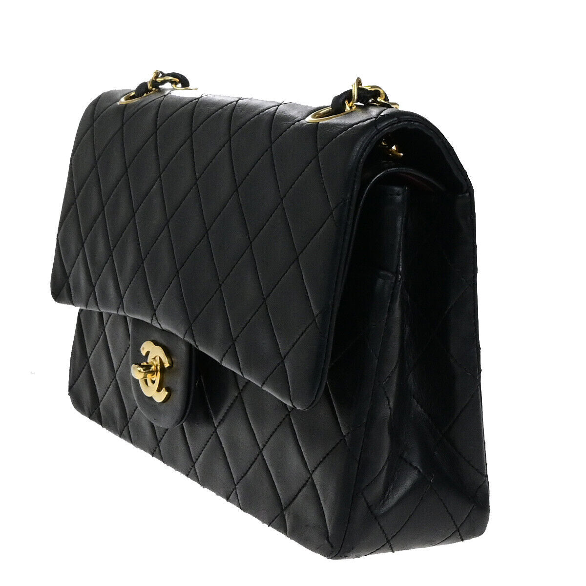 CHANEL CC Matelasse 25 Double Flap Chain Shoulder Bag Leather Black GHW 350RK770