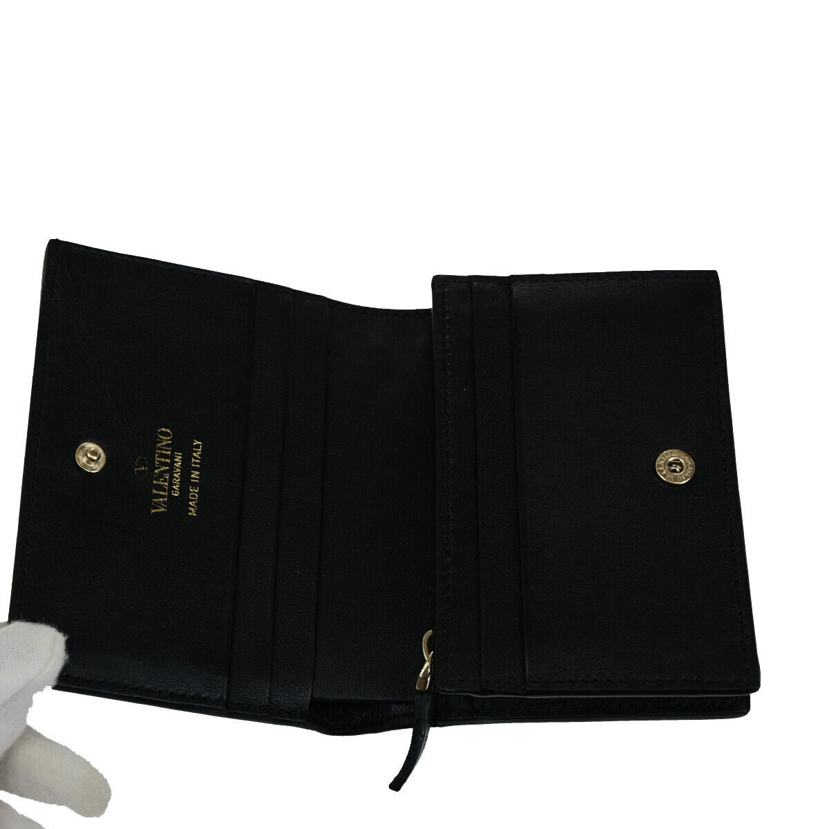 VALENTINO Logo Studs Compact Bifold Wallet Purse Leather Black GHW Italy 69YF968