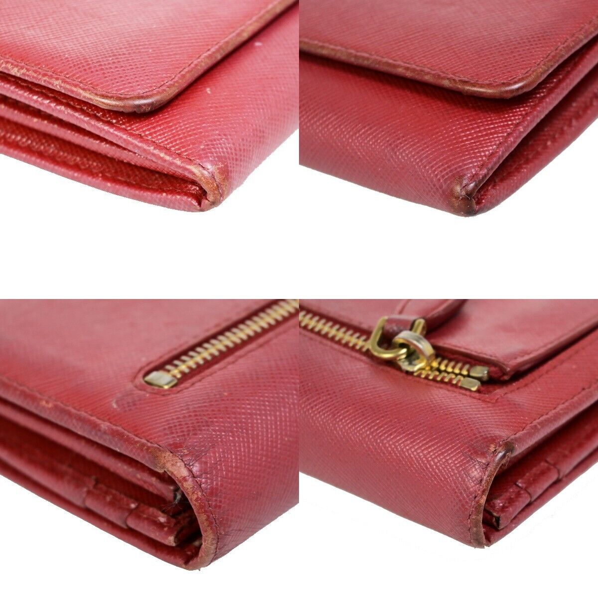 PRADA Logo Bifold Long Zipper Bifold Wallet Saffiano Leather Red Gold 03EB369
