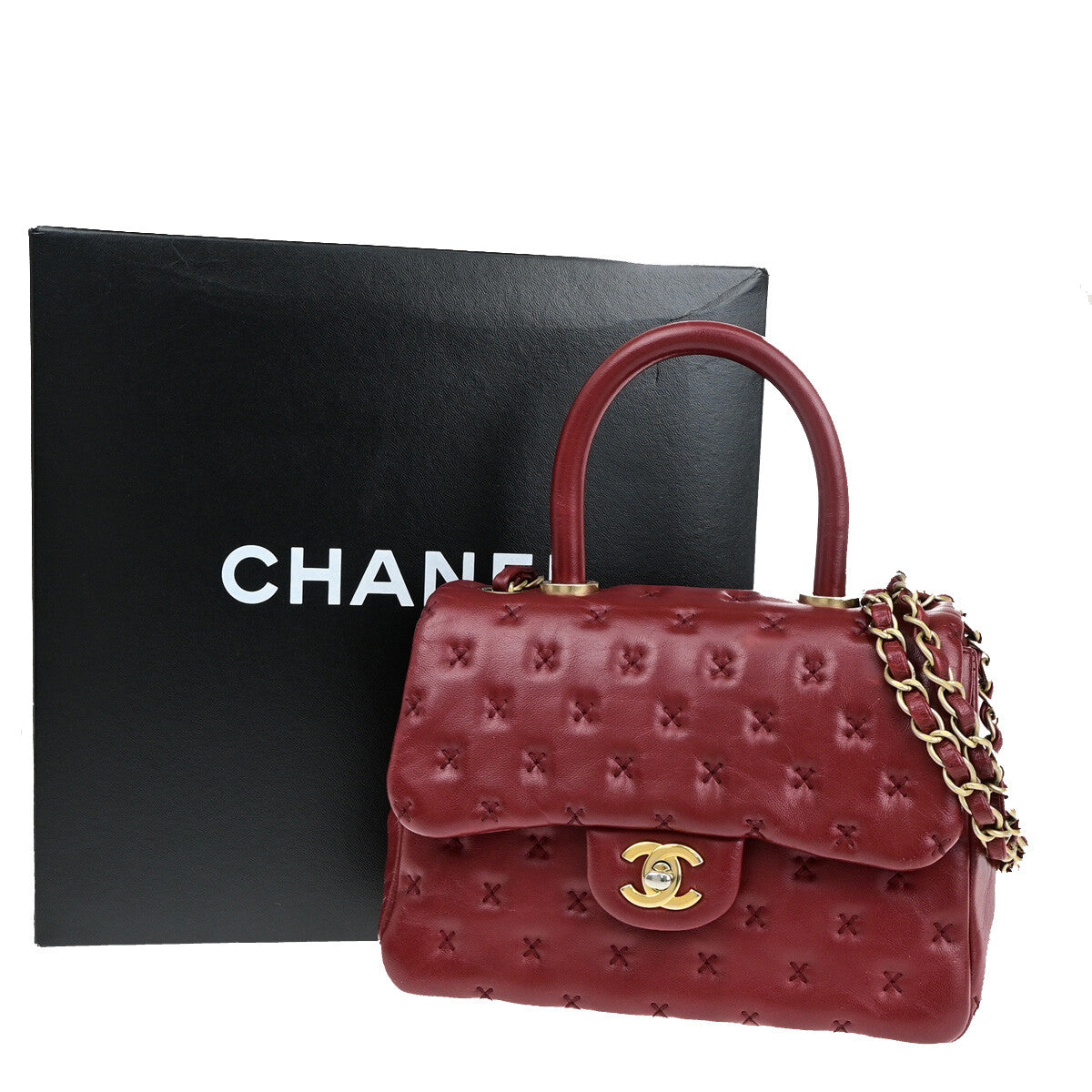 CHANEL CC Cross Stitch 2Way Chain Shoulder Hand Bag Leather Red GHW 805RJ983