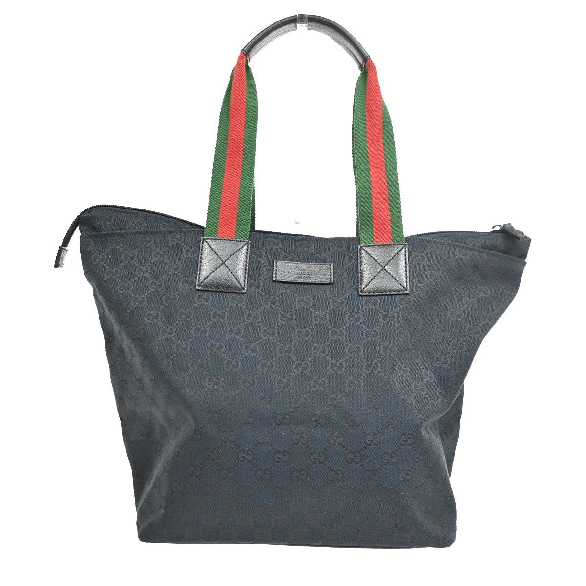 GUCCI web stripe Sherry Line Shoulder Tote Bag Leather Canvas Black SHW 77TA688
