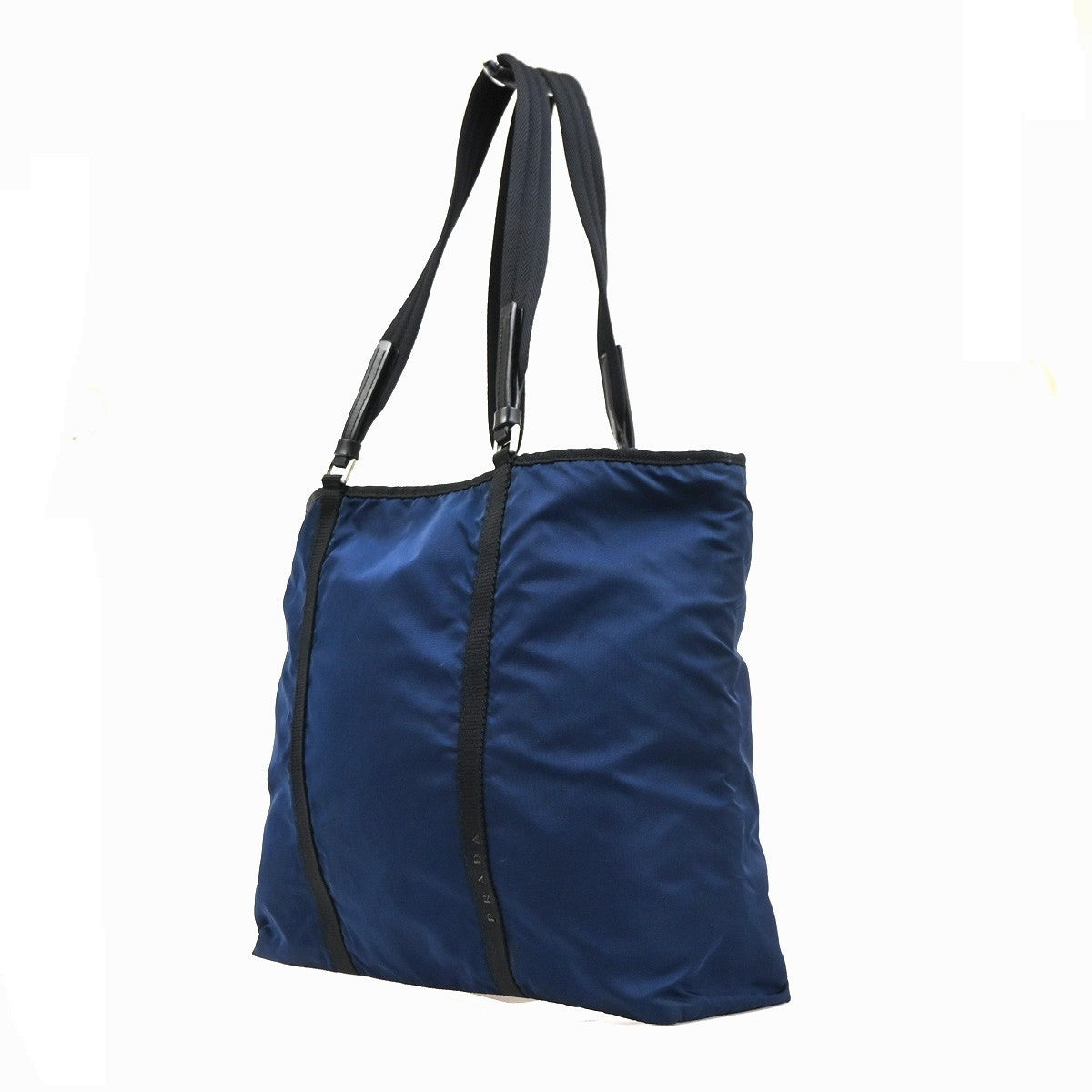 PRADA Logo Shoulder Tote Bag Nylon Canvas Leather Blue Black Italy 36MA685