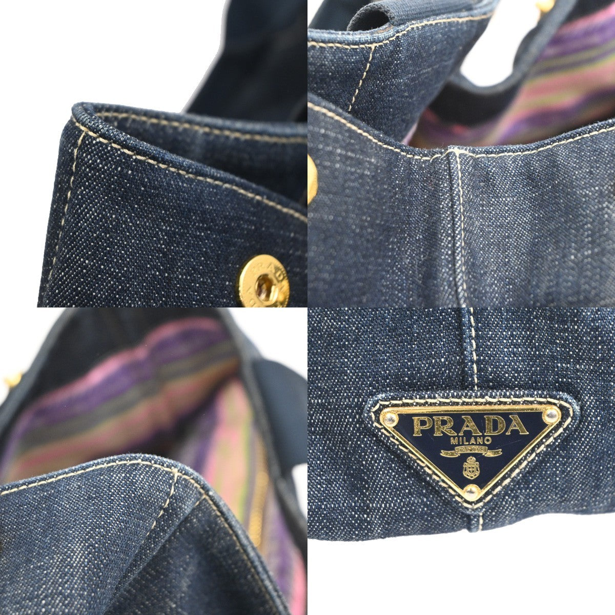 PRADA MILANO Logo Canapa Tote Handbag Denim Canvas Navy Blue GHW 35KC889
