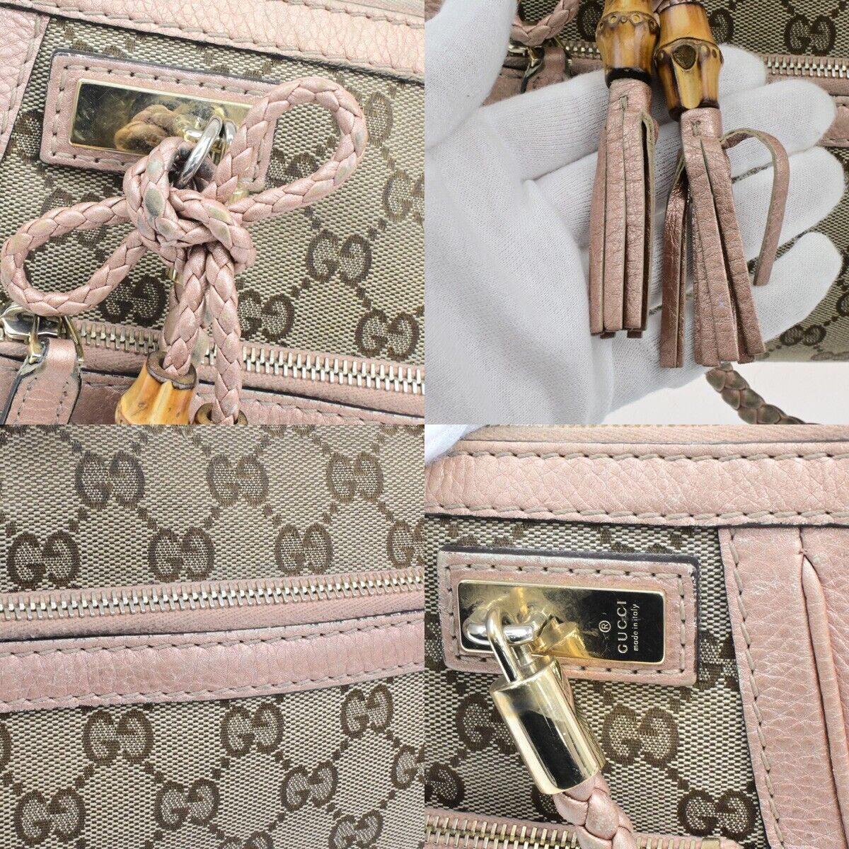 GUCCI Logo GG Pattern Shoulder Tote Bag Bamboo Canvas Leather Brown Pink 30EE118