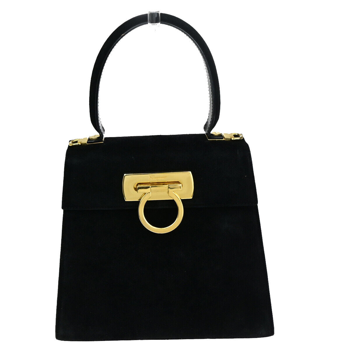SALVATORE FERRAGAMO Logo Gancini Hand Bag Suede Leather Black GHW Italy 64YF984