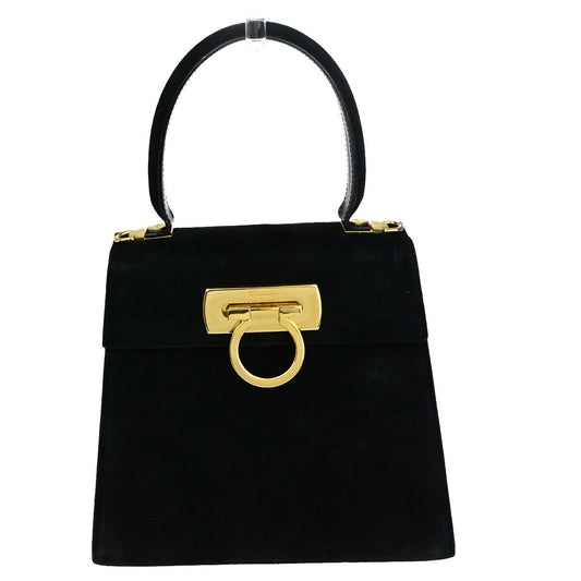 SALVATORE FERRAGAMO Logo Gancini Hand Bag Suede Leather Black GHW Italy 64YF984