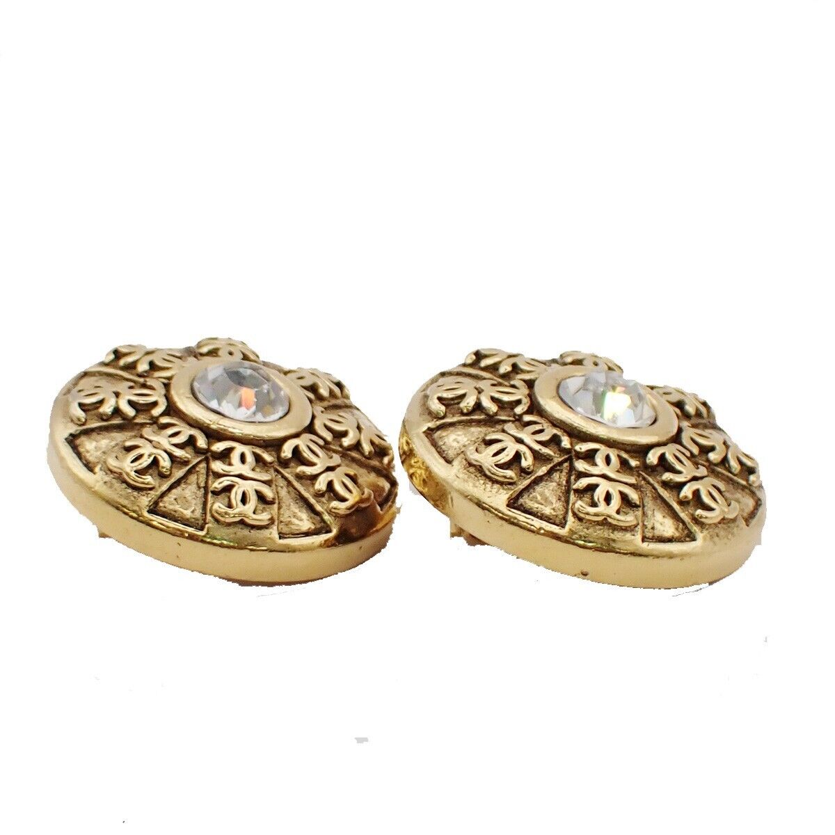CHANEL CC Logo Rhinestone Round Button Earrings 23 Clip-On GHW Vintage 84YE513